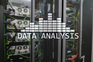 Big Data analysis text on server room background. Internet and modern technology concept.