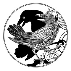 Vector illustration of engraved raven and shadow pattern black and white