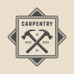 Vintage carpentry, woodwork and mechanic label, badge, emblem and logo. Vector illustration. Monochrome Graphic Art.