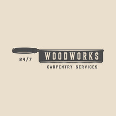 Vintage carpentry, woodwork and mechanic label, badge, emblem and logo. Vector illustration. Monochrome Graphic Art.