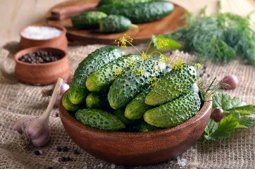 Cucumbers in wooden bowl