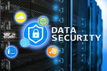 Data security, cyber crime prevention, Digital information protection. Lock icons and server room background.