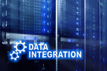 Data integration information technology concept on server room background.