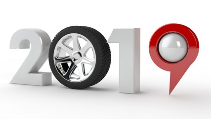 3D illustration of 2019, the new Millennium, a symbol with a car wheel and a GPS navigation pin, the idea of technology development in the future. 3D rendering isolated on white background.
