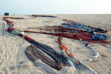 Filets de pêche sur le sable, île de Sal, le Cap Vert, Afrique de l'ouest