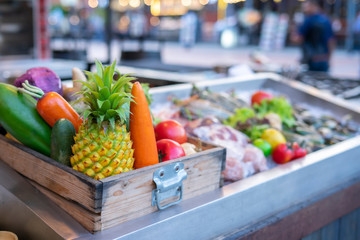 Various fresh fruits in the wicker baskets and crates. Fruit market. Healthy food. Vitamin bomb.