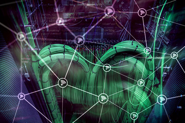 Wi fi network abstract structure on modern server room background.