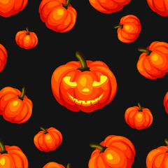 Pumpkins on dark background. Happy Halloween day poster or banner. Autumn holidays concept. Isolated vector Illustration. Scary Pumpkin with a grimace	