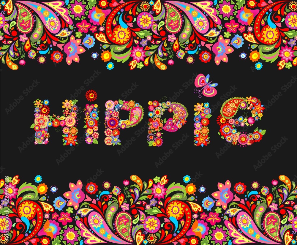 Poster T shirt design on black background with colorful floral border and hippie flowers lettering print