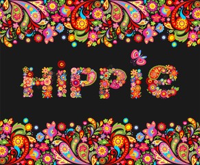 T shirt design on black background with colorful floral border and hippie flowers lettering print