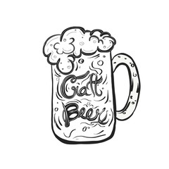 Mug with the sign craft beer in it. Hand drawn illustration with beer.