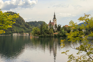 Fototapeta na wymiar Bled lake in Slovenia with small island and church