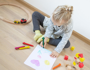 Caucasian Girl Painting Colorful Pencil at Home Early Education Preparing for School Preschool...