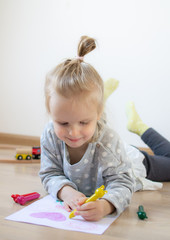 Caucasian Girl Painting Colorful Pencil at Home Early Education Preparing for School Preschool Development Children Game