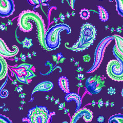 Obraz premium Paisley seamless pattern on purple background, hand-drawing. Oriental decorative ornament, print for fabric, background for various designs.