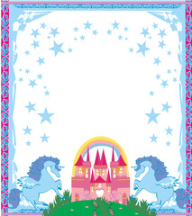 Beautiful unicorn and fairy-tale princess castle frame © diavolessa