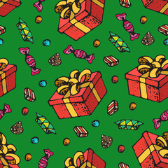 Seamless pattern of Gift Boxes with Ribbon and candy, sweets. Vector Background for Birthday Celebration, Christmas, Valentines, Party, Anniversary.