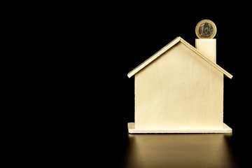 Obraz na płótnie Canvas Model wooden house and Euro coin. The concept of housing finance. Bank Mortgage. Place for text. Money to build a house.