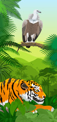 Vector Jungle rainforest vertical baner with Griffon vulture and tiger