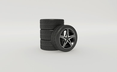 3d rendering of new unused car tires with rims isolated on white background