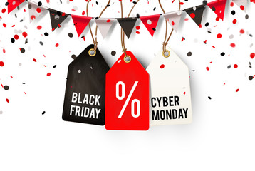 Black Friday und Cyber Monday Etiketten mit Wimpel Girlande und Konfetti