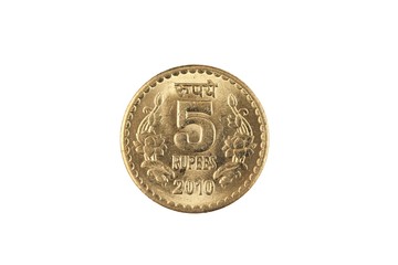 An extreme close up of an Indian five rupee coin on a solid white background