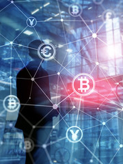 Fototapeta premium Koncepcja podwójnej ekspozycji Bitcoin i blockchain. Gospodarka cyfrowa i handel walutami. Streszczenie okładki w formacie pionowym.