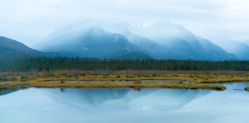 A moody morning on the shores of a Jasper lake