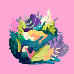 Girl character in sleep pose. Fantasy leaves background template. Dreaming fantasy illustration.