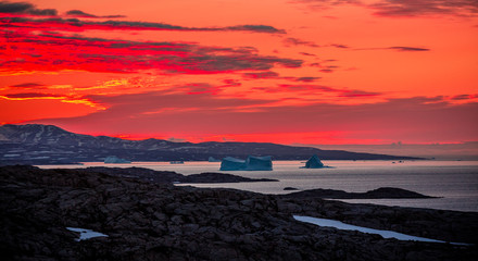 Arctic landscape in summer with icebergs at sunset  in Scoresby Sound, East Greenland