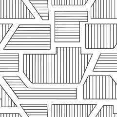 Geometric vector seamless pattern with different geometrical forms. Striped square, triangle, rectangle. Modern techno minimal design. Abstract background. Graphic black and white Illustration