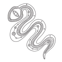 Fototapeta premium Vector hand drawn black and white illustration of isolated snake with decorative geometrical elements, lines, dots. Picture for coloring. Line drawing. Graphic illustration.