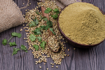 Coriander seeds, fresh coriander and powdered coriander