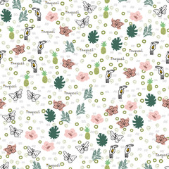 Hand-drawn tropical seamless pattern in doodle style.