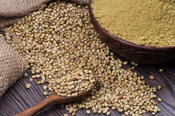 Coriander seeds, fresh coriander and powdered coriander