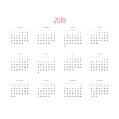 Vector calendar - Year 2019. Week starts from Sunday. Simple flat vector illustration with maroon headers