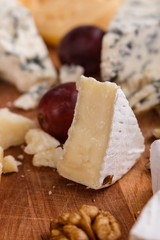 set of different cheeses on a wooden rustic background