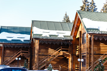 Wooden cottage in winter