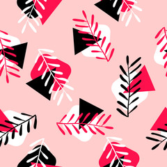 Fototapeta premium pink and white geometric figures with leaves