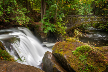 Fototapeta premium Waterfall in Whatcom Falls Park. A beautiful waterfall runs through this 241-acre park located in a rainforest environment with fir, maple and cedar trees. Autumn has arrived with colorful leaves. 