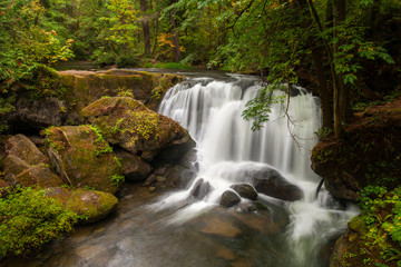 Waterfall in Whatcom Falls Park. A beautiful waterfall runs through this 241-acre park located in a rainforest environment with fir, maple and cedar trees. Autumn has arrived with colorful leaves. 