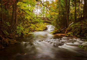 Waterfall in Whatcom Falls Park. A beautiful waterfall runs through this 241-acre park located in a rainforest environment with fir, maple and cedar trees. Autumn has arrived with colorful leaves. 