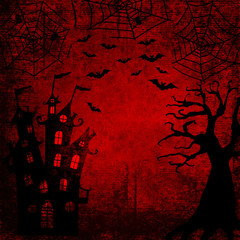 Halloween bloody red background with bats, terrible dead tree, spiders, webs and castle - obrazy, fototapety, plakaty