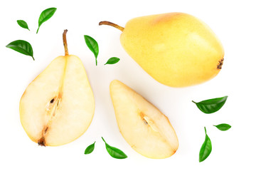 Three ripe red yellow pear fruits with leaf isolated on white background. Top view. Flat lay pattern