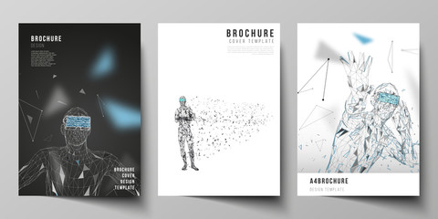 The vector layout of A4 format modern cover mockups design templates for brochure, magazine, flyer, booklet, annual report. Man with glasses of virtual reality. Abstract vr, future technology concept.