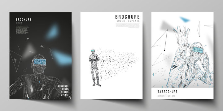 The vector layout of A4 format modern cover mockups design templates for brochure, magazine, flyer, booklet, annual report. Man with glasses of virtual reality. Abstract vr, future technology concept.