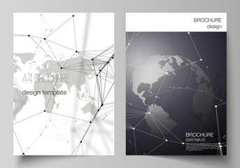 Vector layout of A4 format cover mockups design templates for brochure, flyer, booklet. Futuristic design with world globe, connecting lines and dots. Global network connections, technology concept.