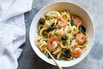 Shrimp pasta overhead with fork