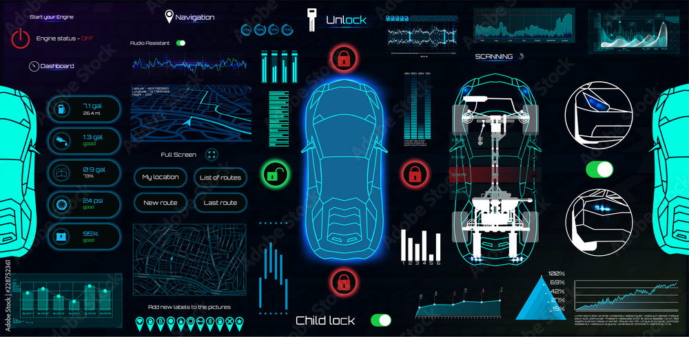 Poster Application Elements for Car, Futuristic style (HUD). Ui,UX, Kit.  Set Elements for  mobile app, dark color, dashboard, Template smartphone application. Vector set