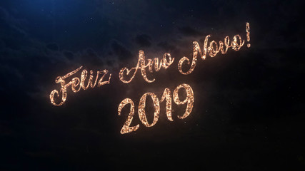 Fototapeta na wymiar 2019 Happy New Year greeting text in Portugal with particles and sparks on black night sky with colored fireworks on background, beautiful typography magic design.